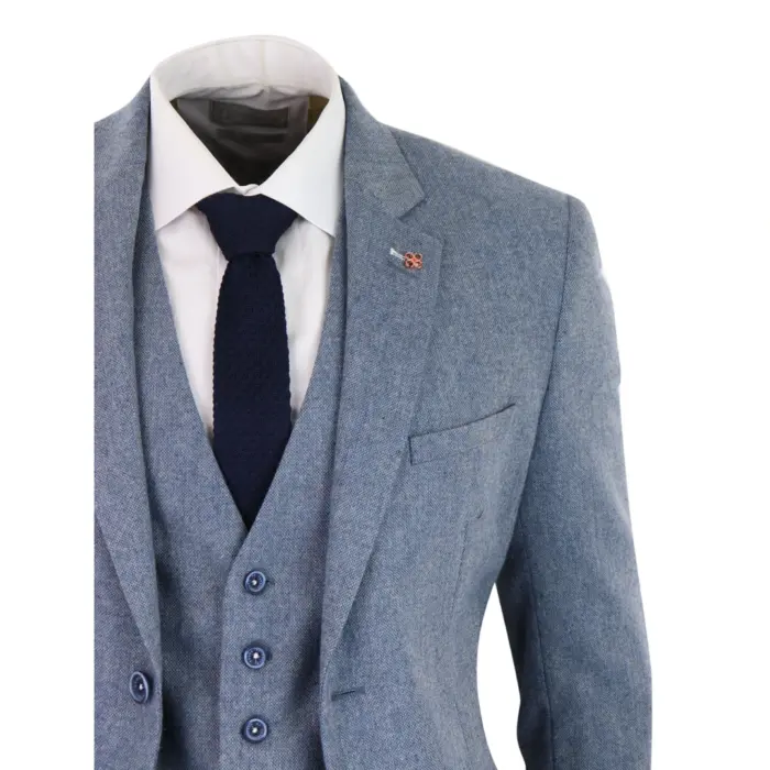 Mens 3 Piece Wool Suit Light Blue Tweed Vintage 1920s Classic 4 Pocket Waistcoat - Image 4