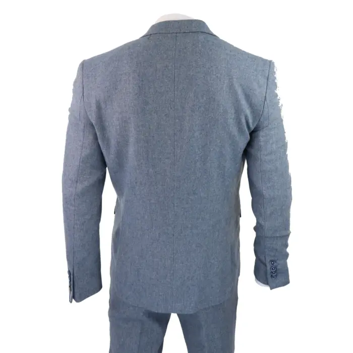 Mens 3 Piece Wool Suit Light Blue Tweed Vintage 1920s Classic 4 Pocket Waistcoat - Image 6