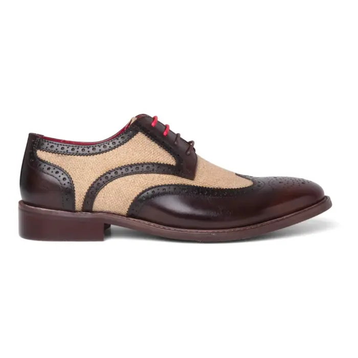 Cole - Men's Brown Leather Canvas Detailing Brogue Shoes - Image 1