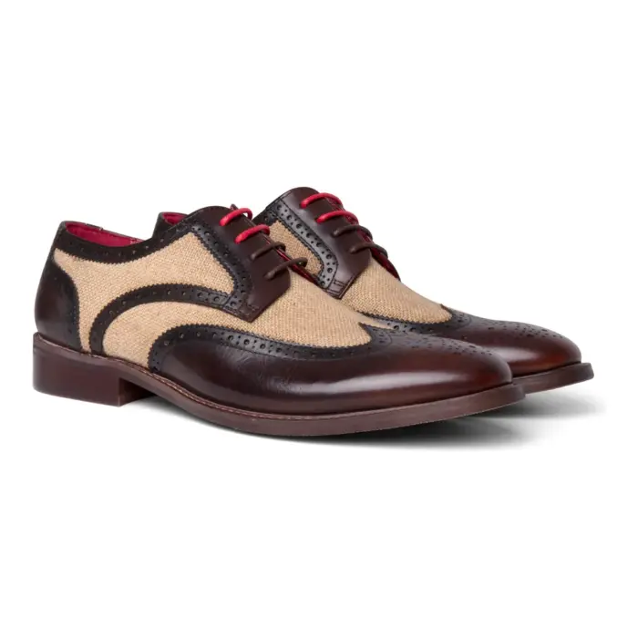 Cole - Men's Brown Leather Canvas Detailing Brogue Shoes - Image 2