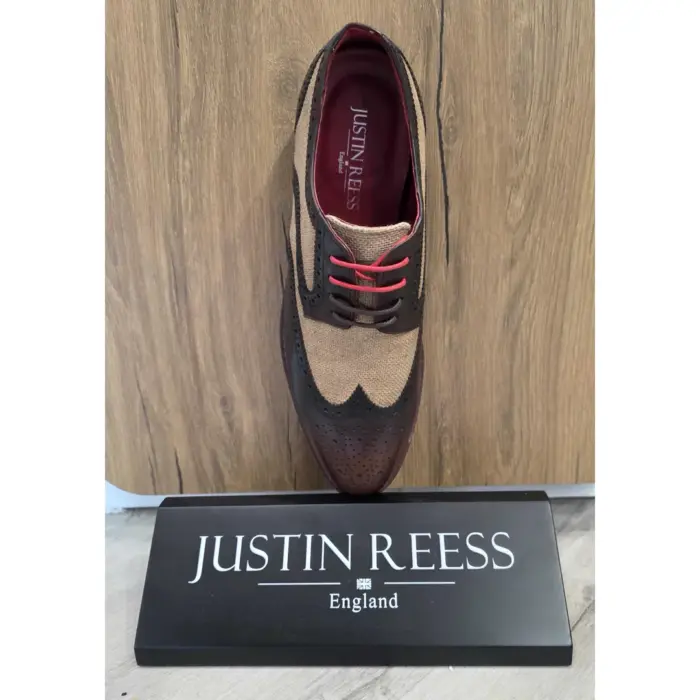Cole - Men's Brown Leather Canvas Detailing Brogue Shoes - Image 4