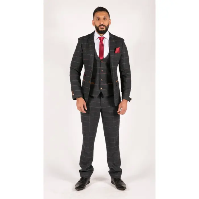 Mens Navy Blue Wine Check Herringbone Tweed Vintage 3 Piece New Marc Darcy Suit - Image 2