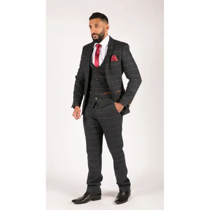 Mens Navy Blue Wine Check Herringbone Tweed Vintage 3 Piece New Marc Darcy Suit - Image 3