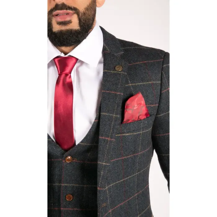 Mens Navy Blue Wine Check Herringbone Tweed Vintage 3 Piece New Marc Darcy Suit - Image 4