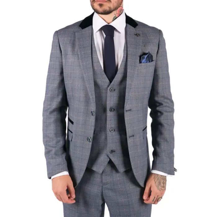 Mens Blue Check Marc Darcy 3 Piece Suit Double Breasted Waistcoat Elbow Patch - Image 1