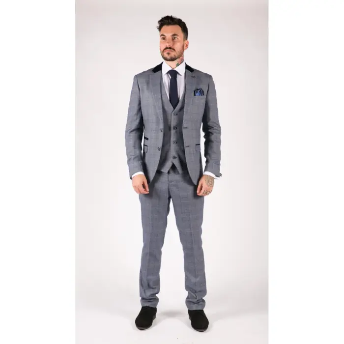 Mens Blue Check Marc Darcy 3 Piece Suit Double Breasted Waistcoat Elbow Patch - Image 2
