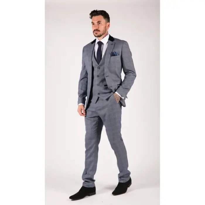 Mens Blue Check Marc Darcy 3 Piece Suit Double Breasted Waistcoat Elbow Patch - Image 3