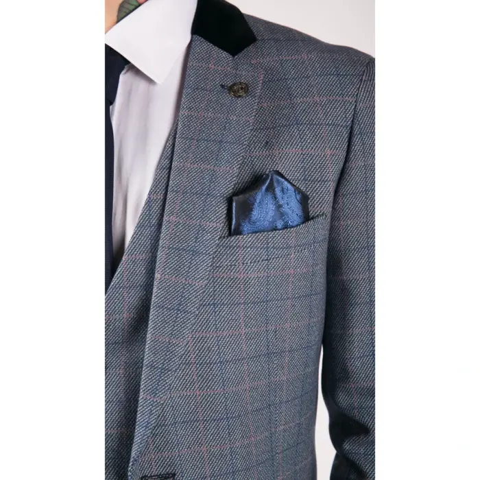 Mens Blue Check Marc Darcy 3 Piece Suit Double Breasted Waistcoat Elbow Patch - Image 4