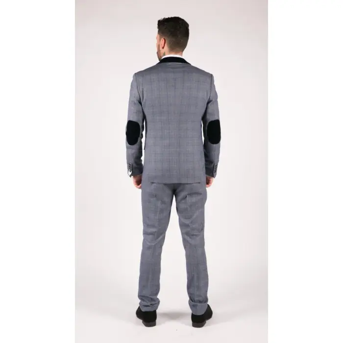 Mens Blue Check Marc Darcy 3 Piece Suit Double Breasted Waistcoat Elbow Patch - Image 7