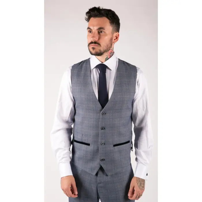 Mens Blue Check Marc Darcy 3 Piece Suit Double Breasted Waistcoat Elbow Patch - Image 5