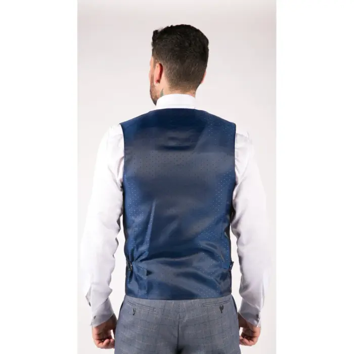Mens Blue Check Marc Darcy 3 Piece Suit Double Breasted Waistcoat Elbow Patch - Image 6