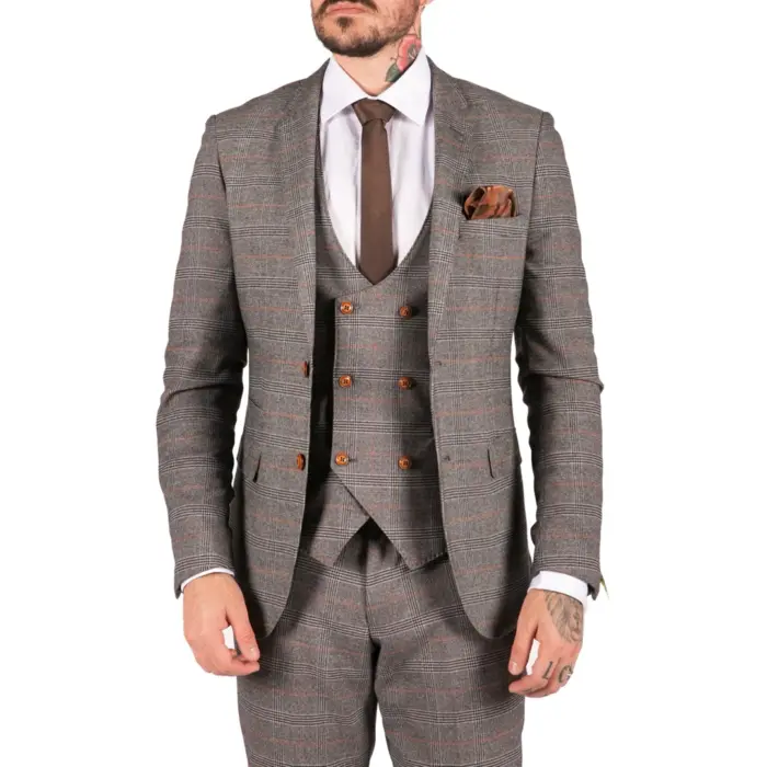 Mens 3 Piece Navy Blue Tan Check Double Breasted Waistcoat Formal Suit Classic - Image 1