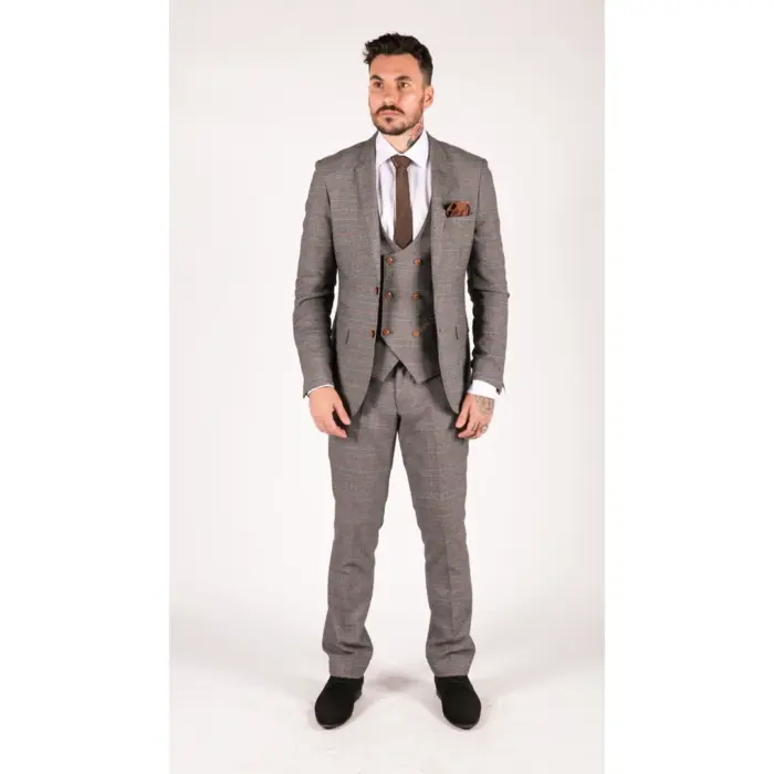 Mens 3 Piece Navy Blue Tan Check Double Breasted Waistcoat Formal Suit Classic - Image 2