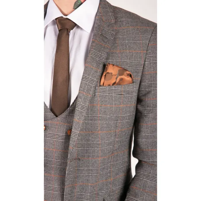 Mens 3 Piece Navy Blue Tan Check Double Breasted Waistcoat Formal Suit Classic - Image 3