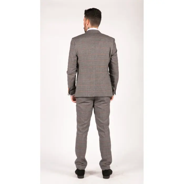 Mens 3 Piece Navy Blue Tan Check Double Breasted Waistcoat Formal Suit Classic - Image 7