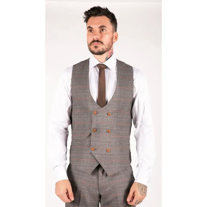 Mens 3 Piece Navy Blue Tan Check Double Breasted Waistcoat Formal Suit Classic - Image 5