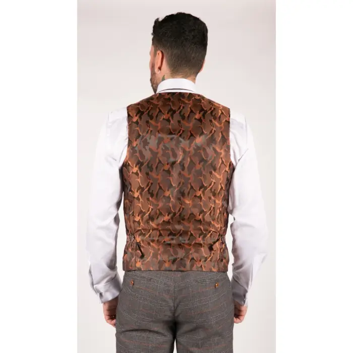 Mens 3 Piece Navy Blue Tan Check Double Breasted Waistcoat Formal Suit Classic - Image 6