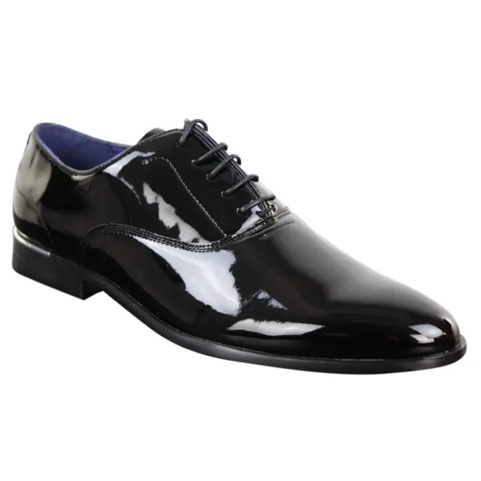 Mens Laced Shoes Shiny Patent Italian Design Silver Metal Classic Smart Formal - Image 1