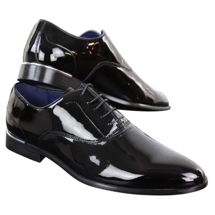 Mens Laced Shoes Shiny Patent Italian Design Silver Metal Classic Smart Formal - Image 3