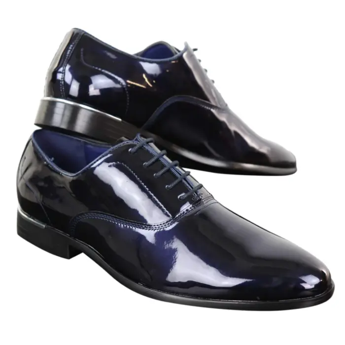 Mens Laced Shoes Shiny Patent Italian Design Silver Metal Classic Smart Formal - Image 8