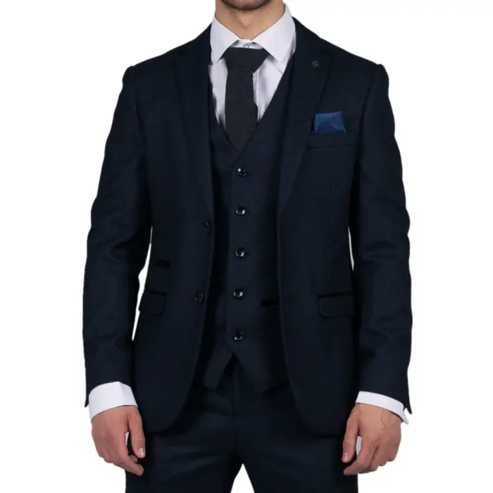 Mens Navy Blue 3 Piece Suit Birdseye Suit Wedding Prom Formal Smart Classic - Image 1