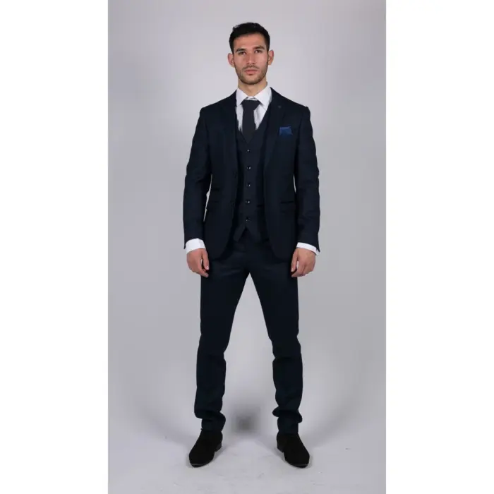 Mens Navy Blue 3 Piece Suit Birdseye Suit Wedding Prom Formal Smart Classic - Image 2