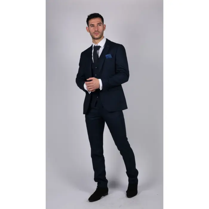 Mens Navy Blue 3 Piece Suit Birdseye Suit Wedding Prom Formal Smart Classic - Image 3