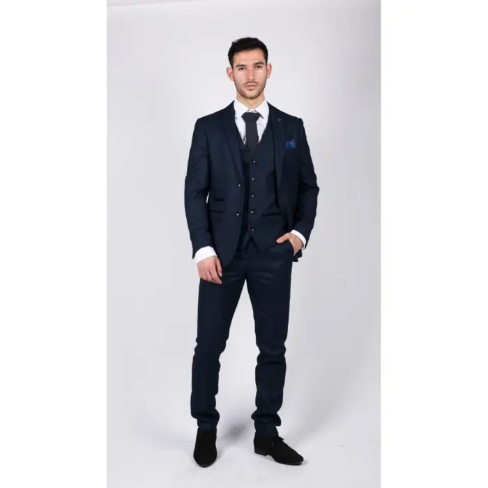 Mens Navy Blue 3 Piece Suit Birdseye Suit Wedding Prom Formal Smart Classic - Image 4