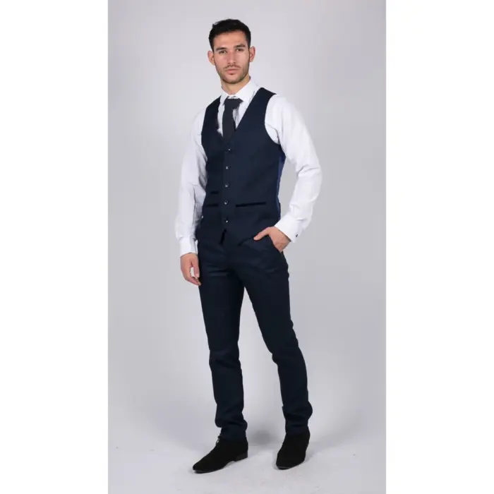Mens Navy Blue 3 Piece Suit Birdseye Suit Wedding Prom Formal Smart Classic - Image 5