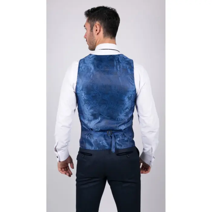 Mens Navy Blue 3 Piece Suit Birdseye Suit Wedding Prom Formal Smart Classic - Image 6