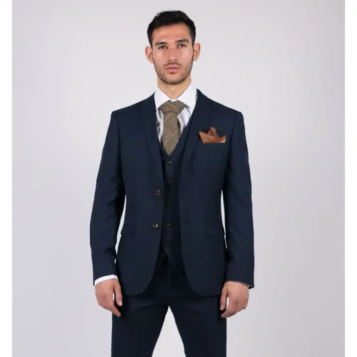 Mens Navy 3 Piece Suit Tailored Fit Smart Formal Classic Wedding Retro Vintage - Image 1