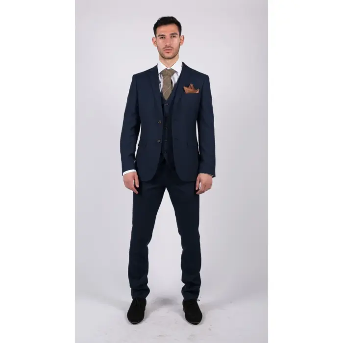 Mens Navy 3 Piece Suit Tailored Fit Smart Formal Classic Wedding Retro Vintage - Image 2