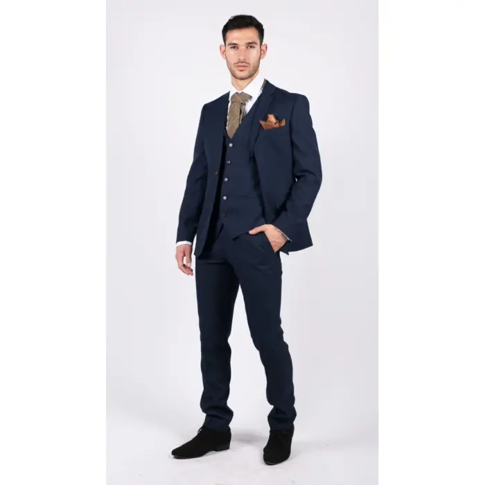 Mens Navy 3 Piece Suit Tailored Fit Smart Formal Classic Wedding Retro Vintage - Image 3