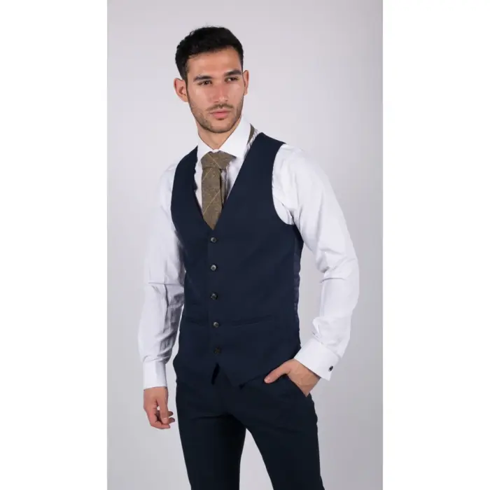 Mens Navy 3 Piece Suit Tailored Fit Smart Formal Classic Wedding Retro Vintage - Image 5
