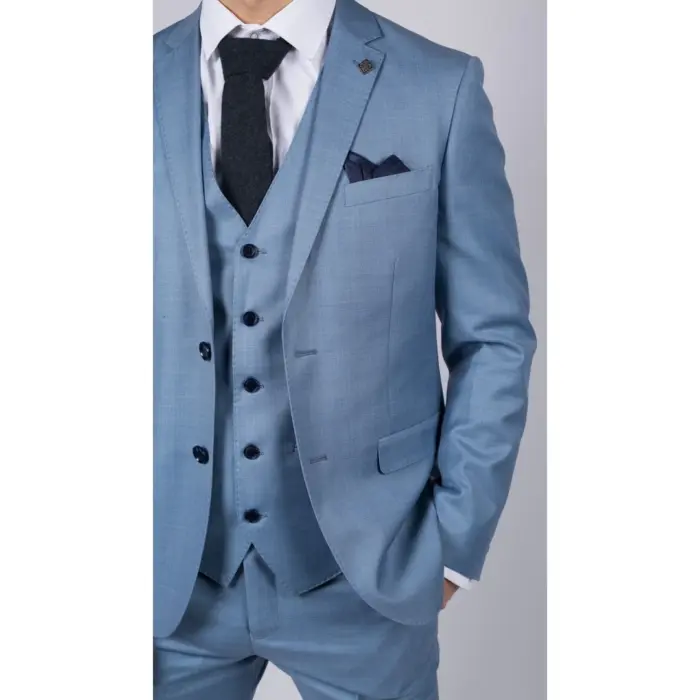 Mens Light Blue Sky 3 Piece Suit Classic Stitch Wedding Summer Prom Classic - Image 4