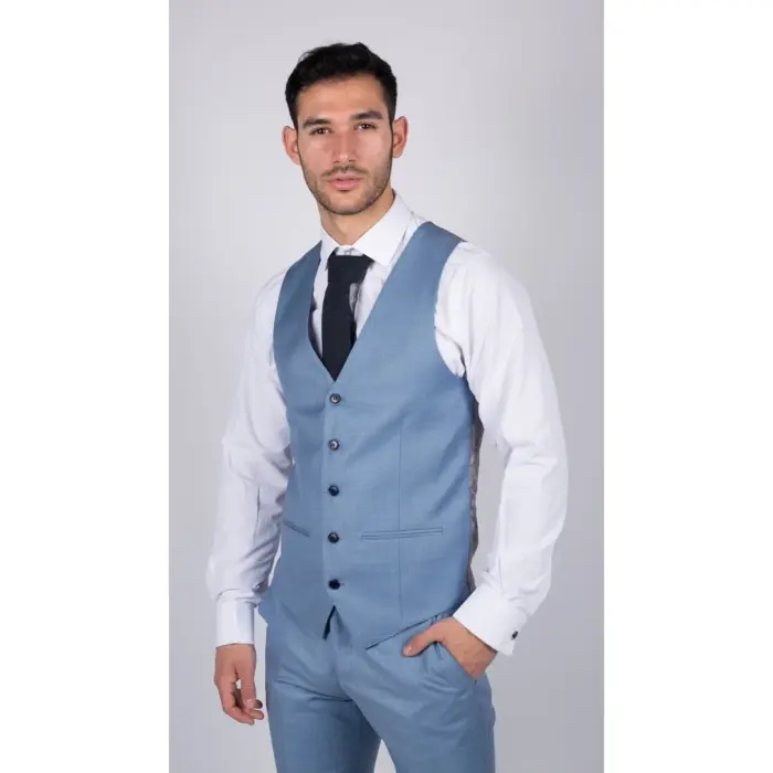 Mens Light Blue Sky 3 Piece Suit Classic Stitch Wedding Summer Prom Classic - Image 5