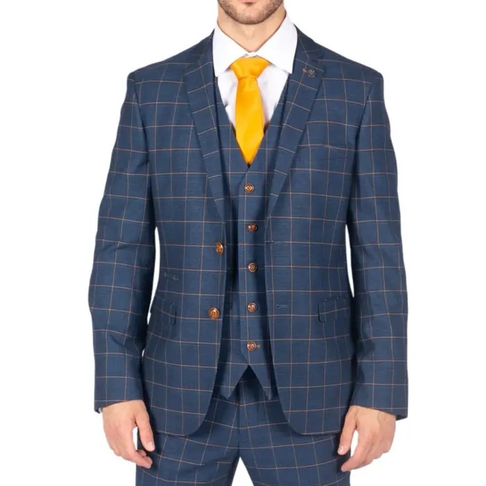 Mens 3 Piece Blue Orange Check Suit Retro Smart Tailored Fit Vintage - Image 1