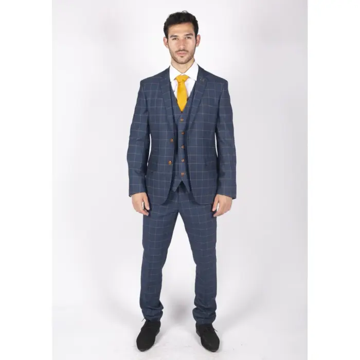 Mens 3 Piece Blue Orange Check Suit Retro Smart Tailored Fit Vintage - Image 2