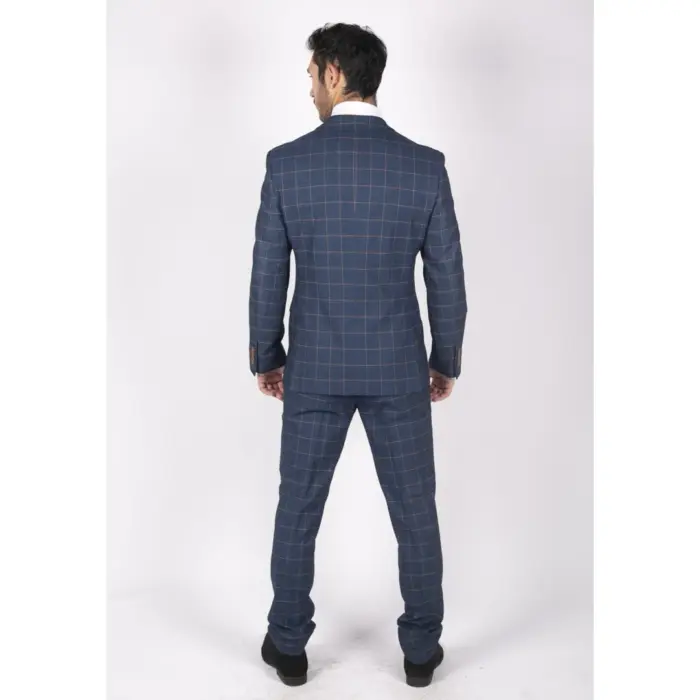 Mens 3 Piece Blue Orange Check Suit Retro Smart Tailored Fit Vintage - Image 7
