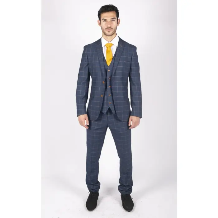 Mens 3 Piece Blue Orange Check Suit Retro Smart Tailored Fit Vintage - Image 3