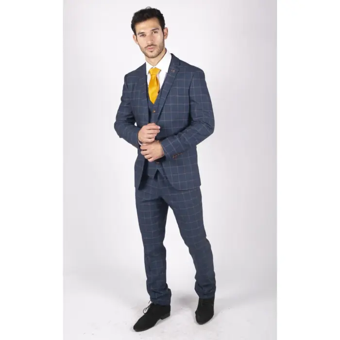 Mens 3 Piece Blue Orange Check Suit Retro Smart Tailored Fit Vintage - Image 4