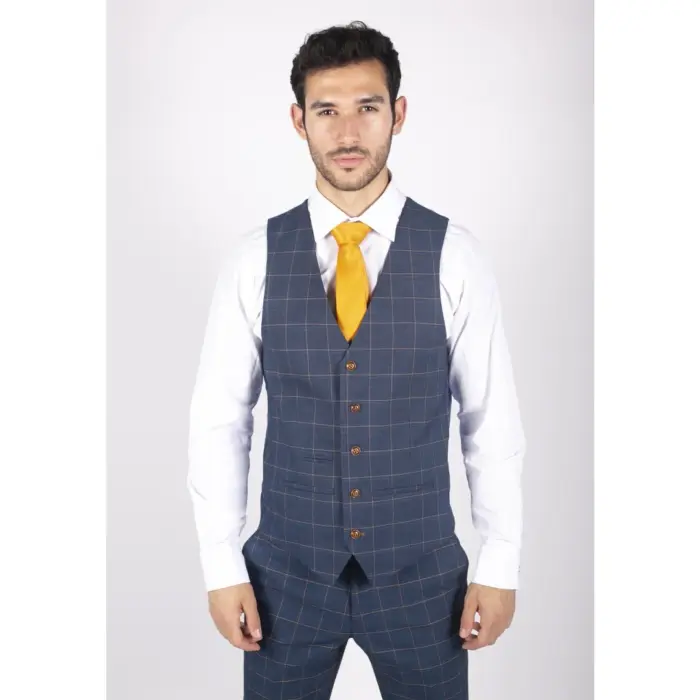 Mens 3 Piece Blue Orange Check Suit Retro Smart Tailored Fit Vintage - Image 5