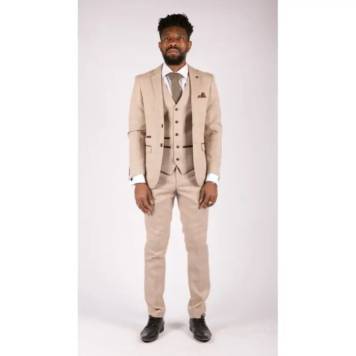 Mens Check Tweed Beige Brown 3 Piece Suit Wedding Prom Vintage Retro Classic - Image 2