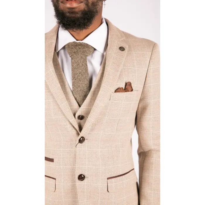 Mens Check Tweed Beige Brown 3 Piece Suit Wedding Prom Vintage Retro Classic - Image 3