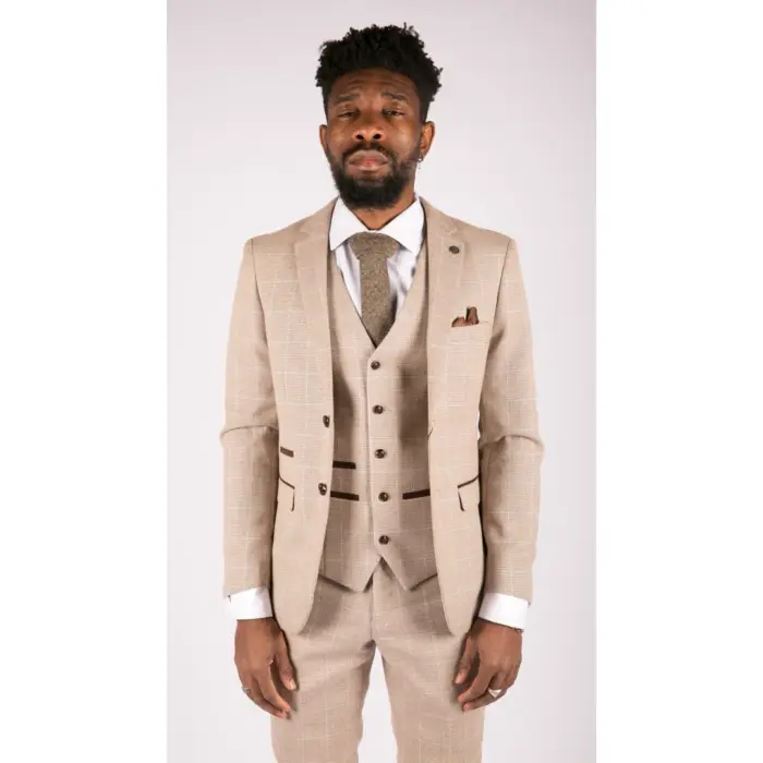 Mens Check Tweed Beige Brown 3 Piece Suit Wedding Prom Vintage Retro Classic - Image 4