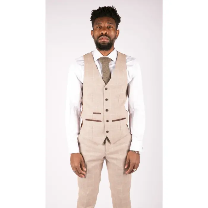Mens Check Tweed Beige Brown 3 Piece Suit Wedding Prom Vintage Retro Classic - Image 6