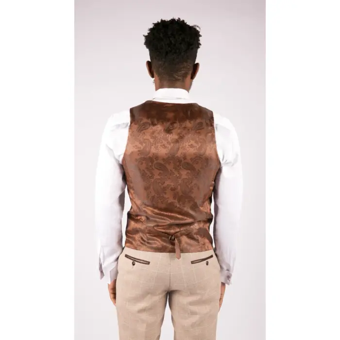 Mens Check Tweed Beige Brown 3 Piece Suit Wedding Prom Vintage Retro Classic - Image 7