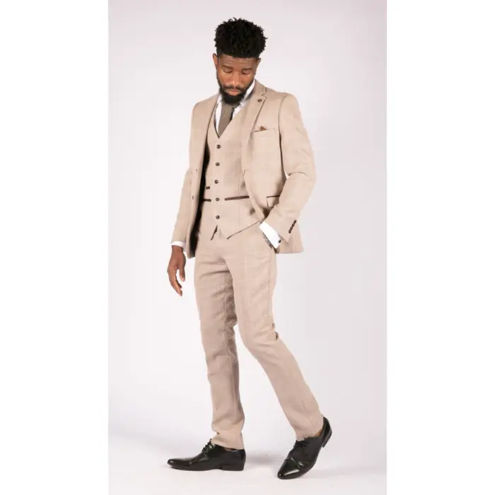Mens Check Tweed Beige Brown 3 Piece Suit Wedding Prom Vintage Retro Classic - Image 5