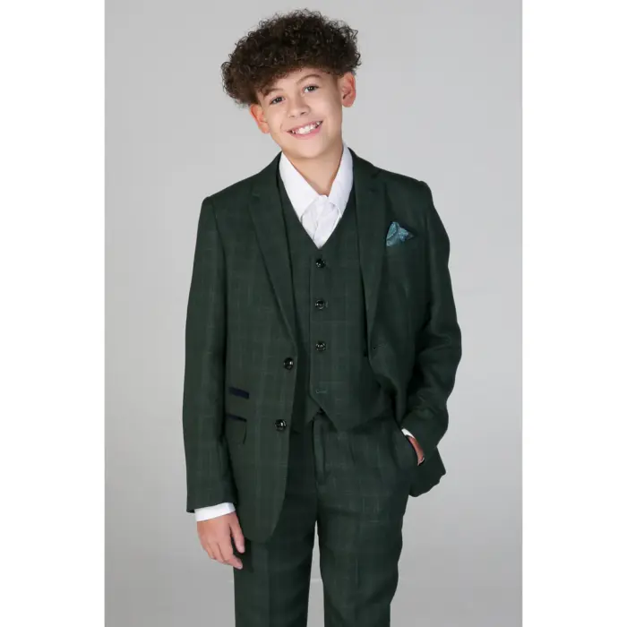 Boys Green 3 Piece Checked Suit - Image 1