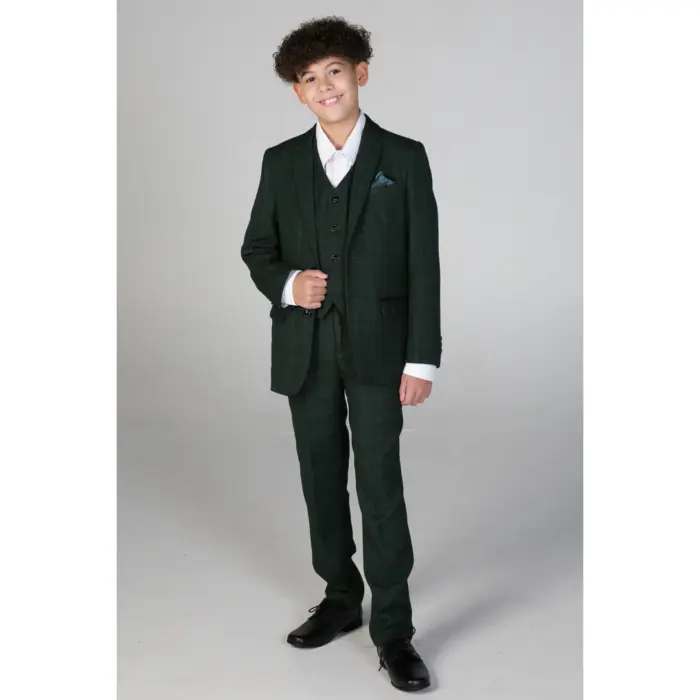 Boys Green 3 Piece Checked Suit - Image 2